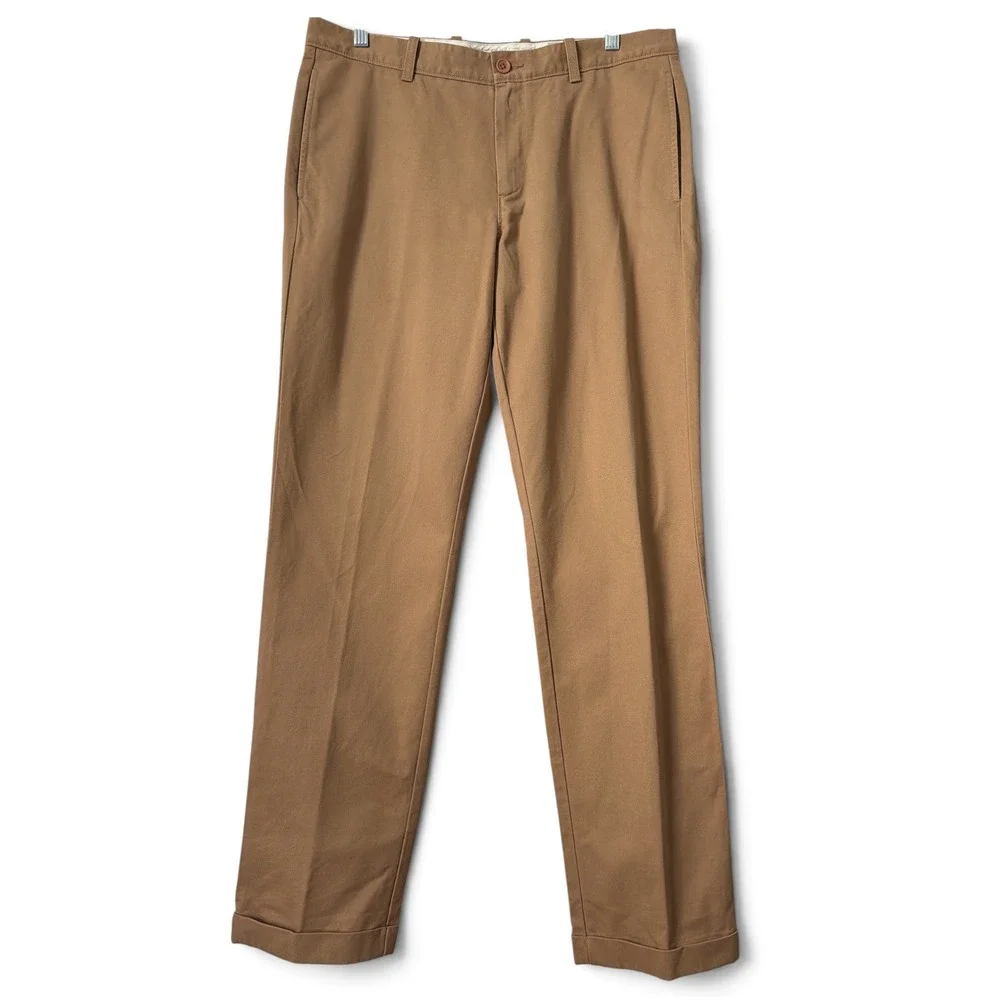 J.Crew Mens Tan Essential Khaki Flat Front Straight Leg Cuffed Chino Pants 34x32